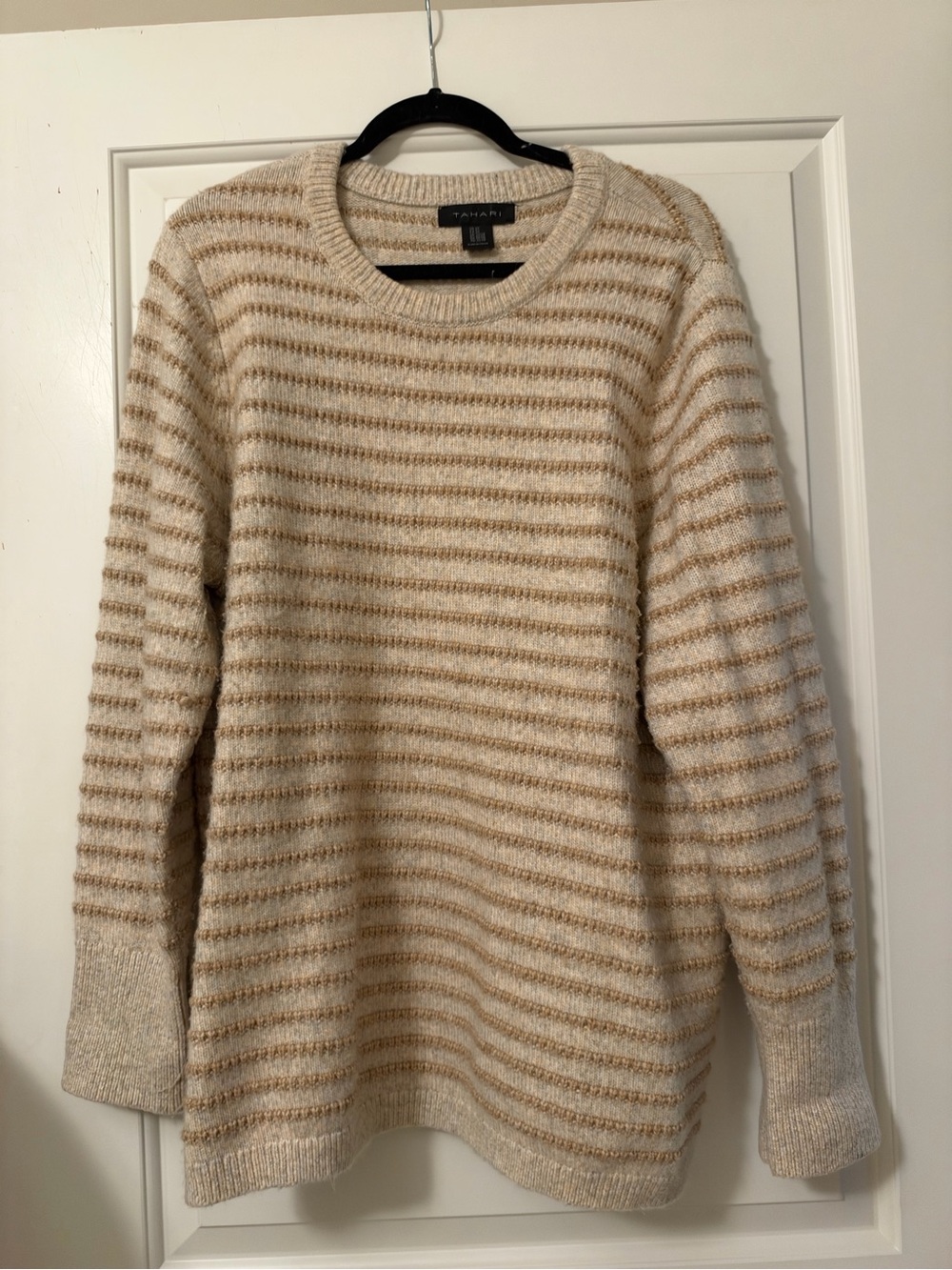 Tahari Cream & Light Brown Striped Crewneck Sweater